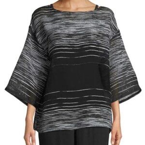 Eileen Fisher Half-Sleeve Illusion Mesh Top Linen Blend Women Black Silver Small